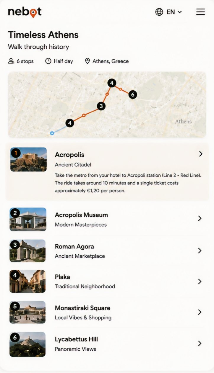 A Nebot city itinerary with a map and stops
